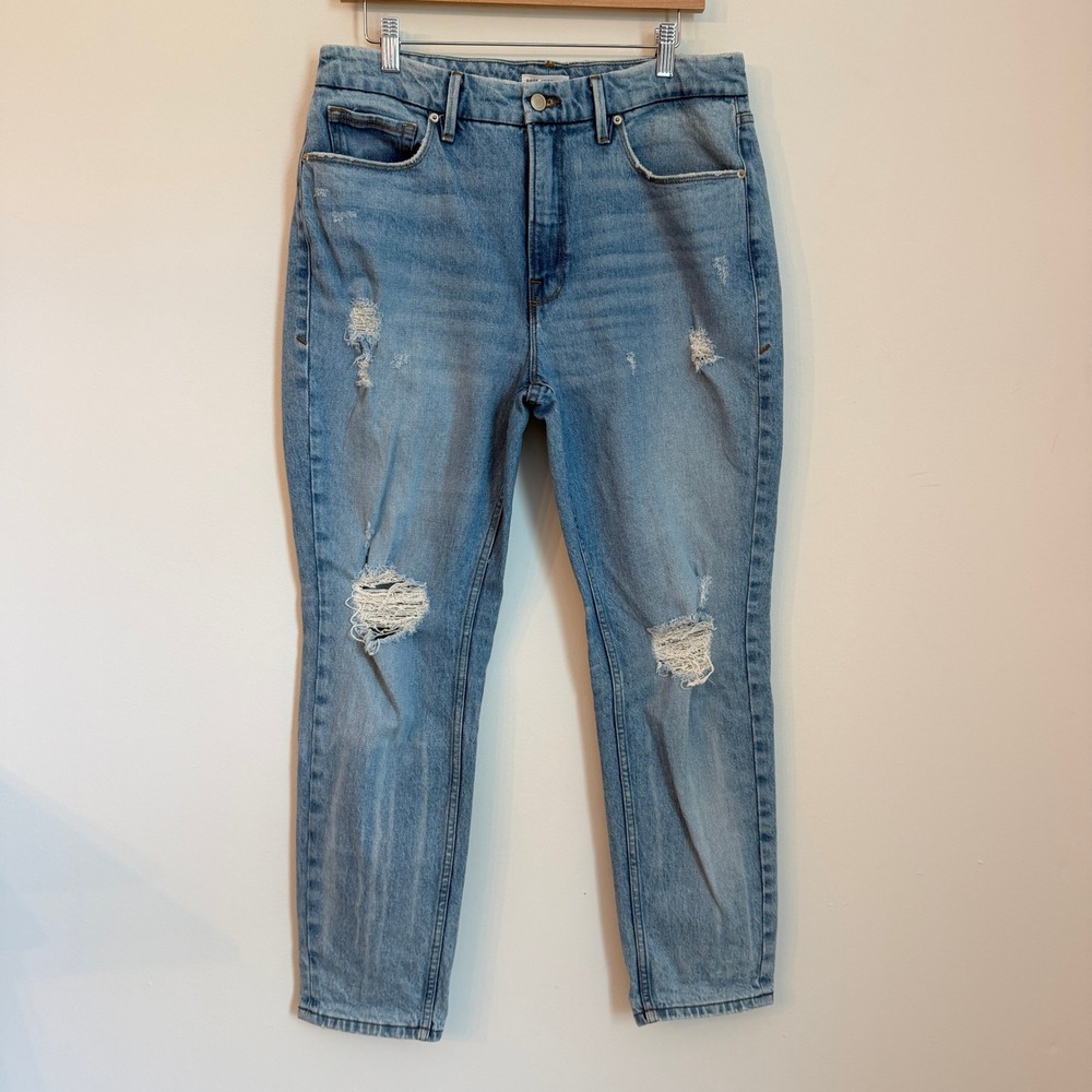 Good American Distressed High Rise Straight Leg Jeans Women 10/30 Denim - Picture 2 of 13